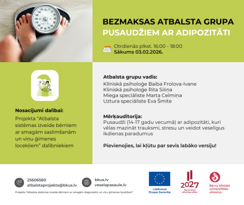 Bezmaksas atbalsta grupa pusaudžiem ar adipozitāti